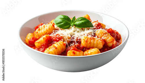 A bowl of gnocchi in tomato sauce, topped with cheese and basil