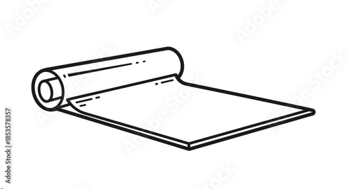 Simple black and white line drawing of a large roll of fabric paper or industrial material being partially unrolled.