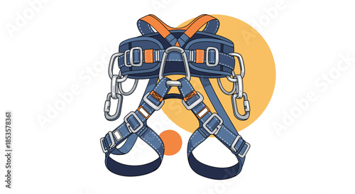Industrial safety harness or climbing gear with blue straps orange accents and metal carabiners for fall protection.