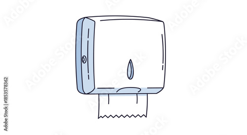 Wall mounted white plastic paper towel dispenser with a small portion of a paper sheet protruding from the bottom.