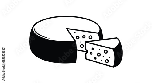 Black and white silhouette illustration of a round wheel of swiss cheese with a single triangular wedge removed.