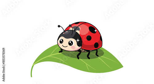 Adorable cartoon ladybug with large expressive eyes resting on a vibrant green leaf isolated on a white background.