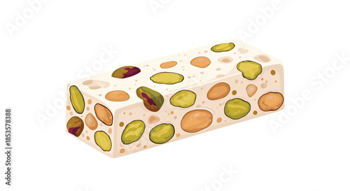 Traditional white nougat candy bar filled with whole roasted pistachios and almonds isolated on a white background.