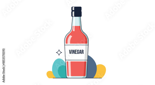 Bottle of red wine vinegar with a clear label and black cap depicted against a background of colorful abstract shapes.