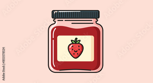 Glass jar of red strawberry jam with a small cartoon strawberry on the label set against a soft solid pink background.
