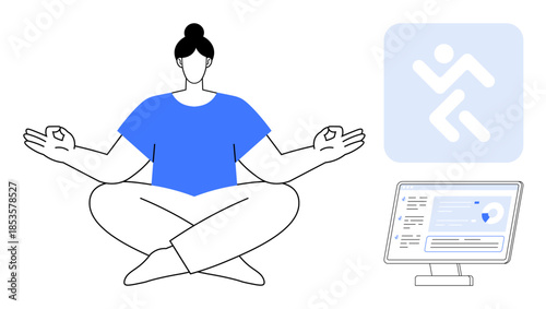 Stress relief, mindfulness apps, digital health, wellness technology, mental balance, self-care. Person meditating with a digital app and computer screen. Stress relief and mindfulness apps concepts