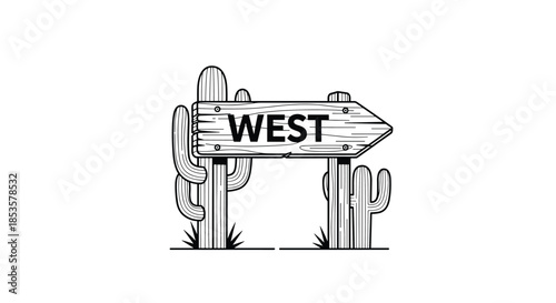 Detailed black and white line art of a wooden signpost pointing west in a desert landscape featuring saguaro cacti.