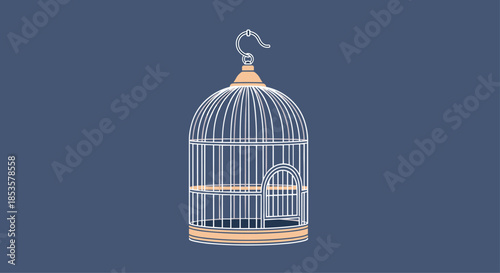 Beautiful detailed white wire birdcage with an arched door and a hanging hook set against a dark blue background.
