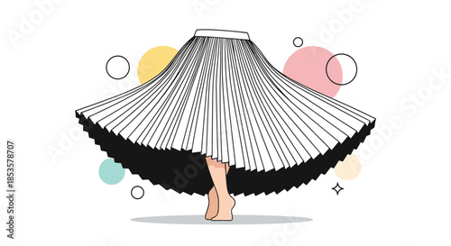 Artistic illustration of a woman wearing a voluminous pleated white skirt that spins out in a large wide circle.