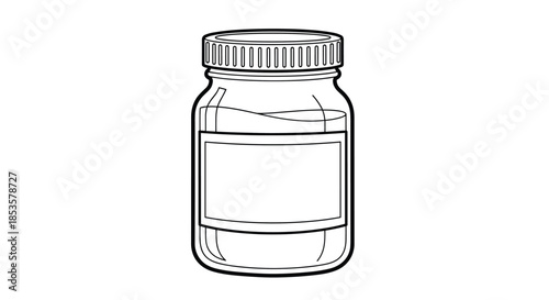 Black and white line art illustration of a glass storage jar with a screw top lid and a blank label for customization.