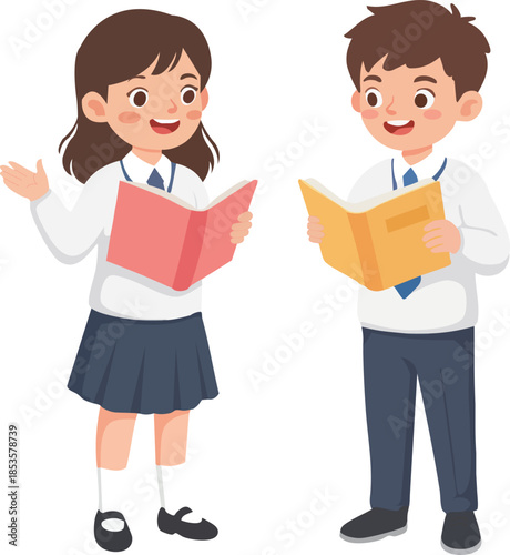 School Students Reading Books Together 