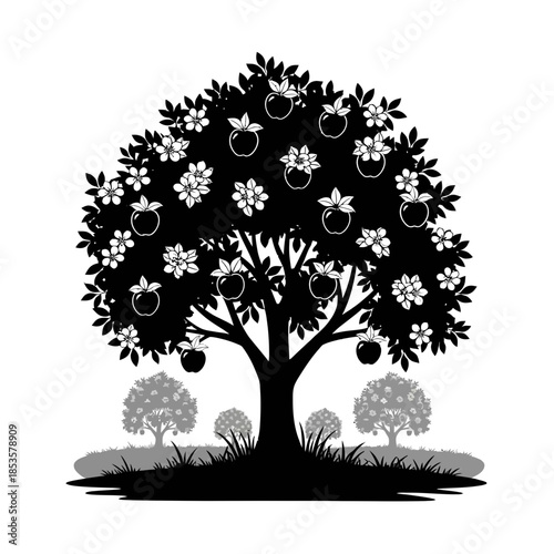 Fruitful Apple Tree Silhouette with Blossoms and Ripening Fruit for Orchard and Agriculture Design