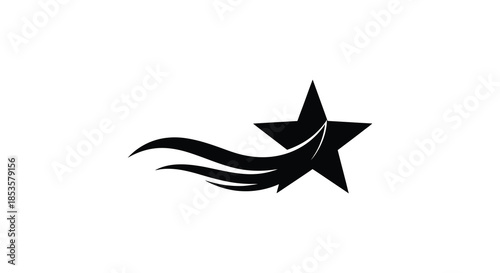 A striking black star with a trailing dynamic comet like shape presented as a silhouette