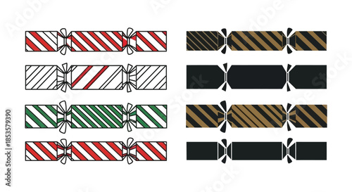 A collection of festive christmas crackers with various colorful striped designs a striking silhouette