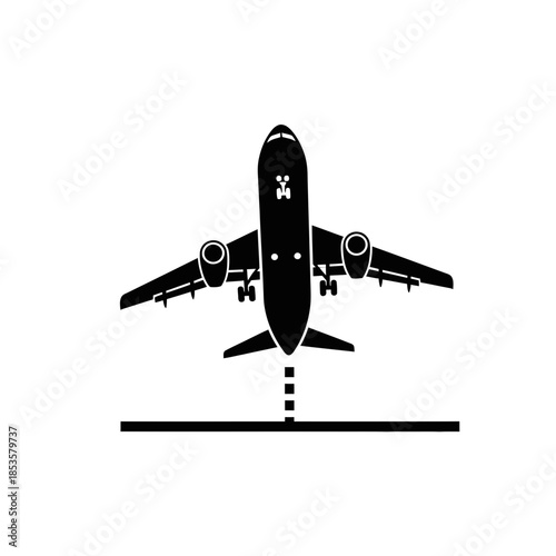 Aerial View Airplane Silhouette Landing on Runway Flight Path for Travel and Logistics Concepts