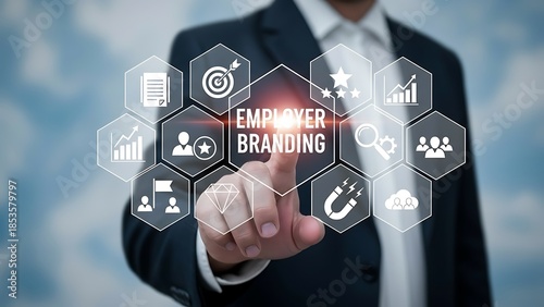 Businessman touching employer branding suit hexagons