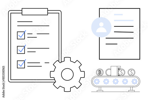 Business planning, workflow automation, productivity tools, career development, human resources, financial management. Checklist with gear, document and conveyor belt. Workflow automation