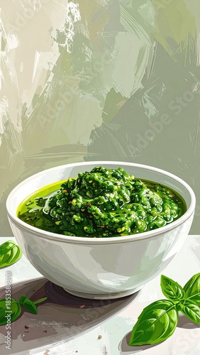 Vibrant green sauce in white bowl; basil leaves