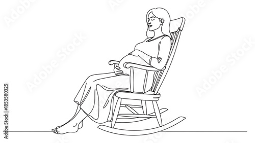 High-quality black continuous line art of pregnant woman sitting in rocking chair relaxing and holding her belly, maternity comfort, prenatal wellness, motherhood illustration