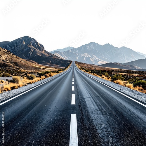 An empty highway stretches towards mountain peaks