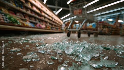 Wallpaper Mural Shattered glass litters a store aisle near a shopping cart Torontodigital.ca