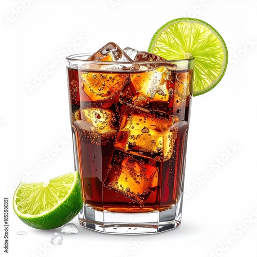 Glass of dark liquid, ice, and lime slices