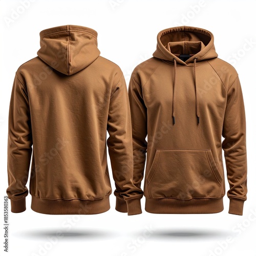 Two angles of a brown hooded sweatshirt, on white