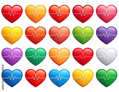 Colorful hearts with ECG lines, on white background