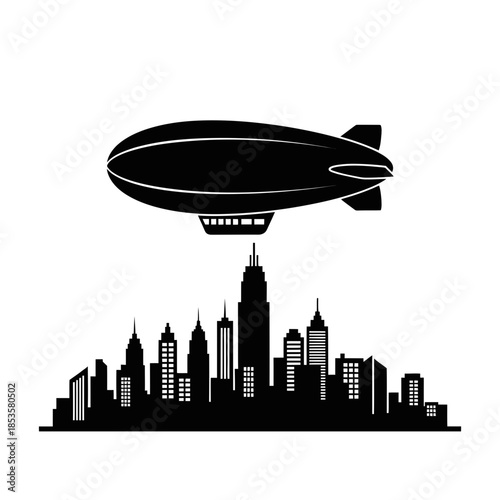 Vector Blimp Over City Skyline Silhouette for Modern Advertising and Urban Horizon Concepts