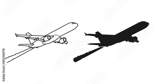 A striking depiction of two aircraft in flight one detailed and one a dark silhouette
