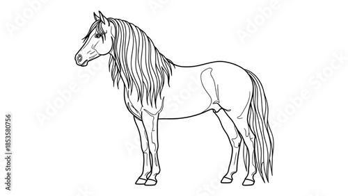 High-quality black continuous line art of horse standing in profile with flowing mane, equine elegance, minimalist animal illustration