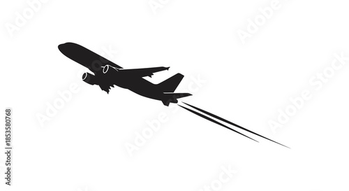 A striking depiction of an airplane in flight with dynamic contrails presented as a silhouette