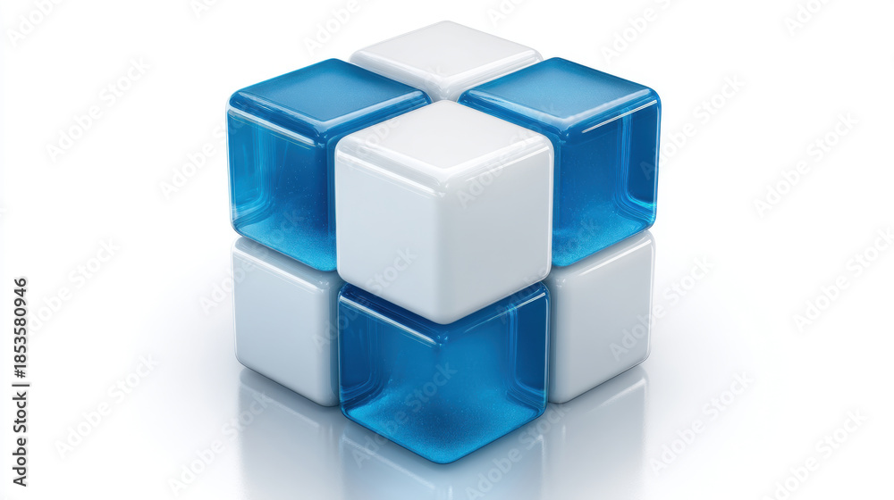 Obraz premium Modern cube blocks in blue and white representing modular systems, data structure, organization, and digital technology.