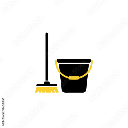 Cleaning supplies icon a broom and a bucket on a white background, symbolizing home maintenance and tidiness