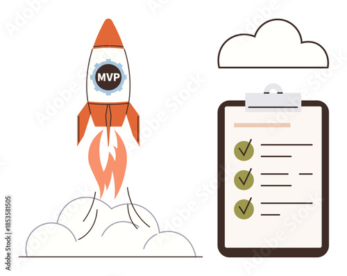 Rocket labeled MVP launching with smoke trails, checklist on clipboard with checkmarks, cloud above. Ideal for innovation, startup, productivity, planning, strategy, development creative success