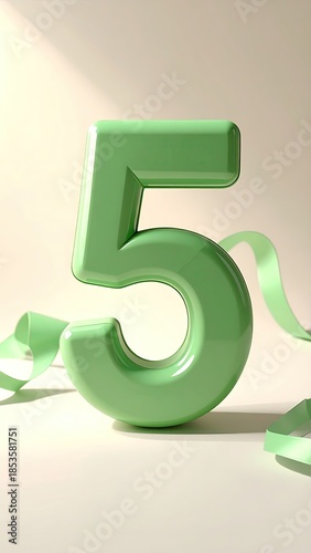 Glossy green number 5 with ribbon, neutral background