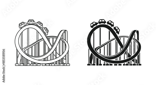 Detailed illustration of a roller coaster track with connected cars presented as a striking silhouette