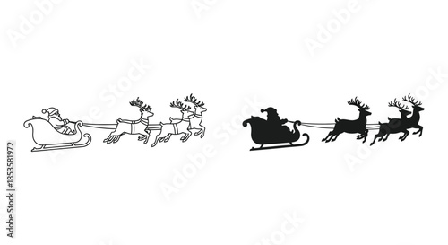 a festive scene depicting santa claus on a sleigh pulled by reindeer in black silhouette