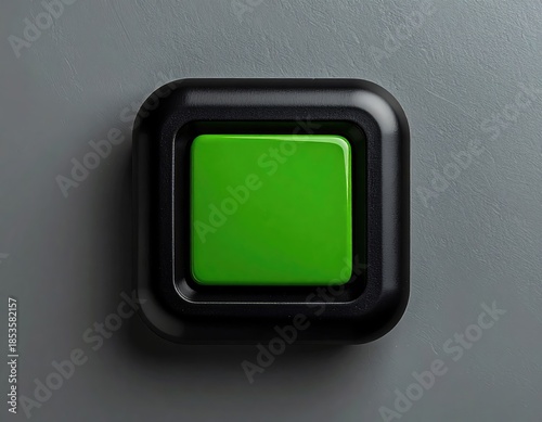 Square green button in a black, square frame on gray