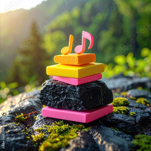 Stacked, colorful blocks with musical notes on a rock, nature