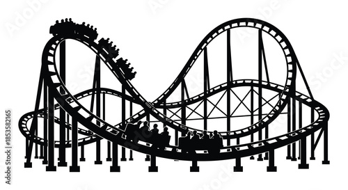 A detailed black and white illustration showcasing a thrilling rollercoaster design in stark silhouette