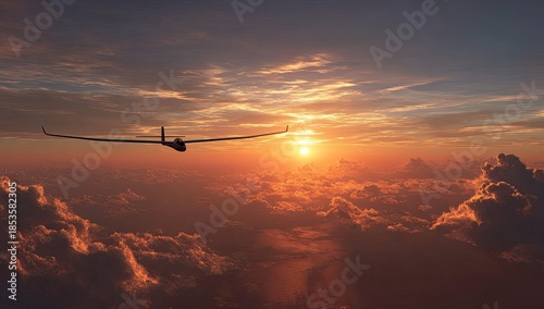 A glider soars through a vibrant sunset above a sea of clouds