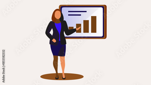 A businesswoman presenting a bar graph on a whiteboard with a confident and professional demeanor shown
