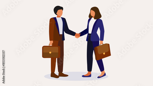 Illustration of business people shaking hands while holding briefcases in a professional setting scene