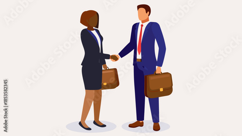 Illustration of a businessman and businesswoman shaking hands holding briefcases in a business deal