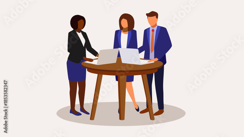 Three business professionals collaborating around a round table with laptops and documents displayed on it