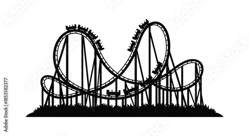 An intricate black and white illustration of a thrilling roller coaster design strikingly shown as a silhouette