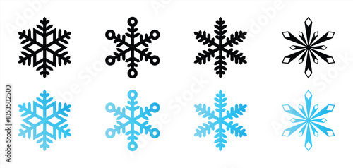 Snowflake Icon Set in Flat and Silhouette Style with Black and Blue Variations