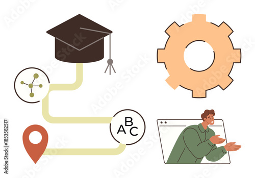 Graduation cap with pathway linking to map marker, alphabet, molecule, gear, and virtual teacher. Ideal for education, e-learning, career building, goal-setting innovation academic progress simple