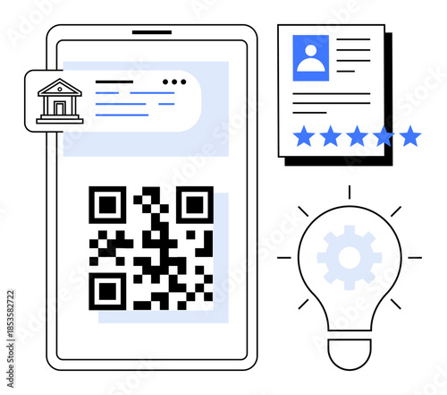 QR code displayed on smartphone with a bank icon, digital profile, and lightbulb with gear, representing digital banking, identity verification, secure technology. Ideal for fintech, security